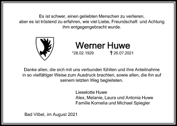 Traueranzeige von Werner Huwe von Bad Vilbel/Karben