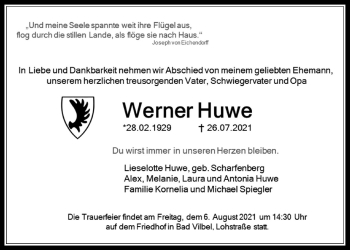 Traueranzeige von Werner Huwe von Bad Vilbel/Karben