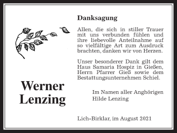 Traueranzeige von Werner Lenzing von Giessener Allgemeine, Alsfelder Allgemeine