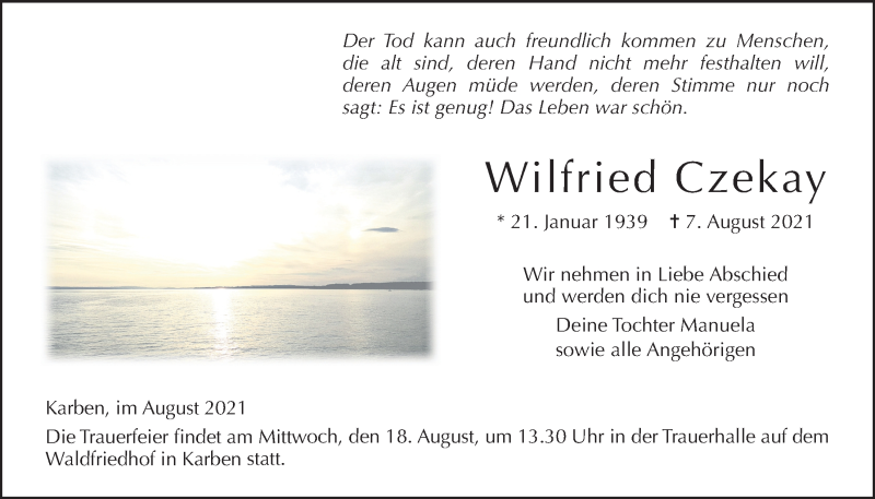 Traueranzeige für Wilfried Czekay vom 12.08.2021 aus Bad Vilbel/Karben