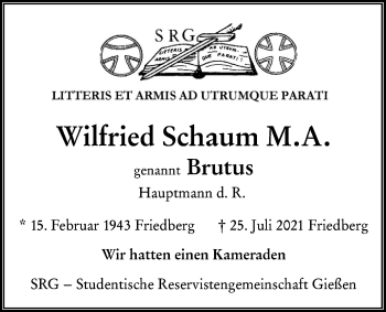 Traueranzeige von Wilfried Schaum von Giessener Allgemeine, Alsfelder Allgemeine