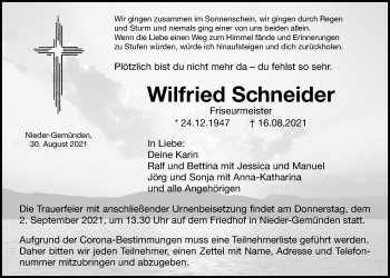 Traueranzeige von Wilfried Schneider von Alsfelder Allgemeine