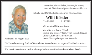 Traueranzeige von Willi Köstler von Licher Wochenblatt
