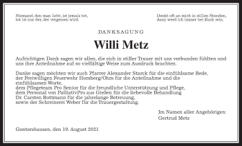 Traueranzeige von Willi Metz von Alsfelder Allgemeine