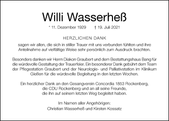 Traueranzeige von Willi Wasserheß von Wetterauer Zeitung