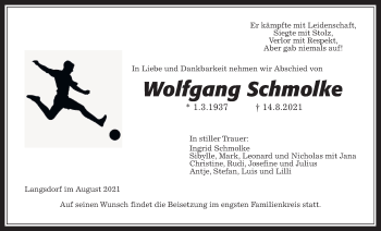 Traueranzeige von Wolfgang Schmolke von Wetterauer Zeitung, Giessener Allgemeine, Alsfelder Allgemeine