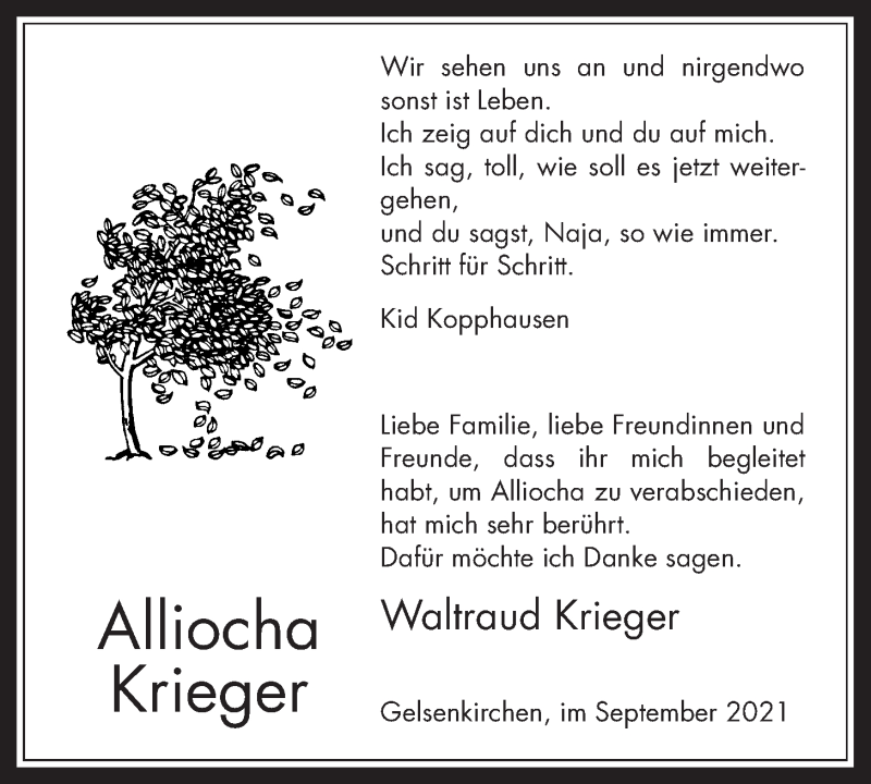  Traueranzeige für Alliocha Krieger vom 23.09.2021 aus Mücker Stimme