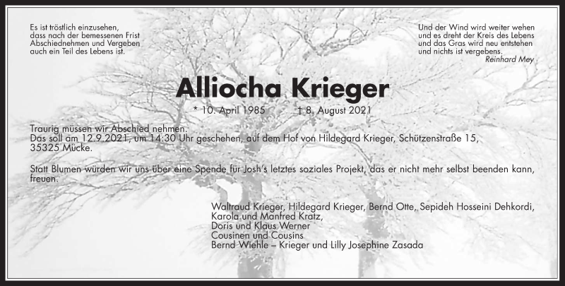  Traueranzeige für Alliocha Krieger vom 02.09.2021 aus Mücker Stimme