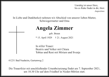 Traueranzeige von Angela Zimmer von Wetterauer Zeitung