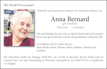 Traueranzeige von Anna Bernard von Giessener Allgemeine, Alsfelder Allgemeine