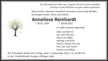 Traueranzeige von Anneliese Reinhardt von Licher Wochenblatt