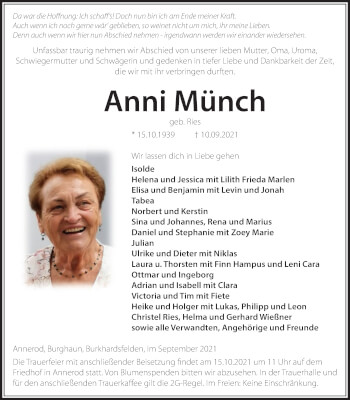 Traueranzeige von Anni Münch von Giessener Allgemeine, Alsfelder Allgemeine