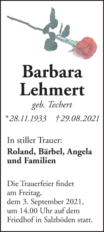 Traueranzeige von Barbara Lehmert von Giessener Allgemeine, Alsfelder Allgemeine