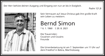 Traueranzeige von Bernd Simon von Giessener Allgemeine, Alsfelder Allgemeine