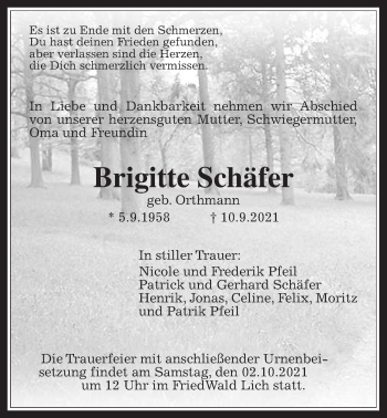 Traueranzeige von Brigitte Schäfer von Licher Wochenblatt