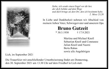 Traueranzeige von Bruno Gutzeit von Licher Wochenblatt
