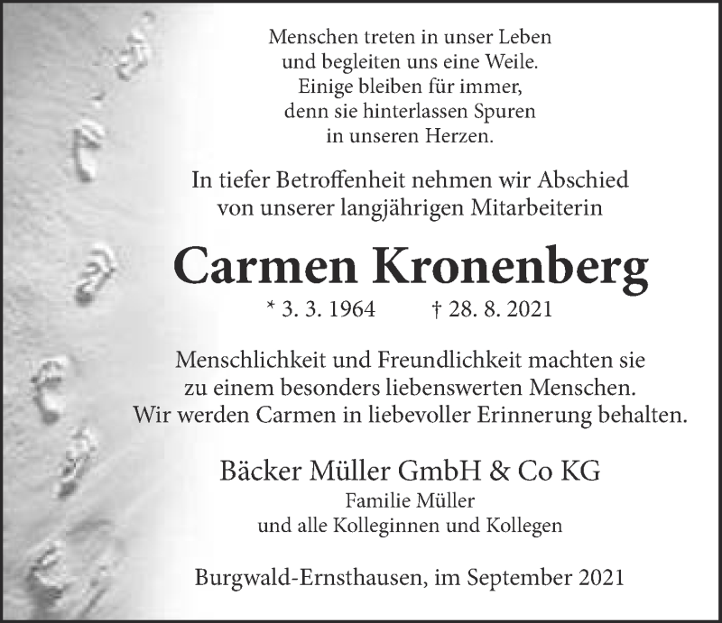  Traueranzeige für Carmen Kronenberg vom 11.09.2021 aus Giessener Allgemeine, Alsfelder Allgemeine