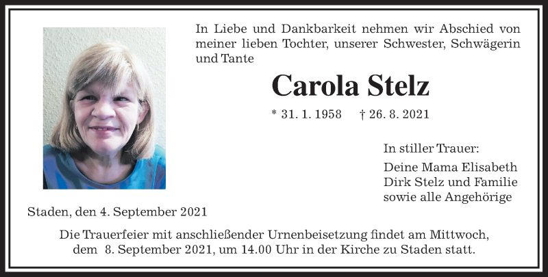  Traueranzeige für Carola Stelz vom 04.09.2021 aus Wetterauer Zeitung