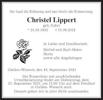 Traueranzeige von Christel Lippert von Giessener Allgemeine, Alsfelder Allgemeine