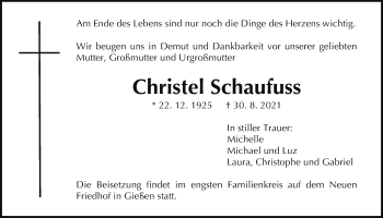 Traueranzeige von Christel Schaufuss von Giessener Allgemeine, Alsfelder Allgemeine