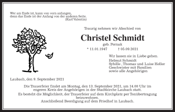 Traueranzeige von Christel Schmidt von Giessener Allgemeine, Alsfelder Allgemeine