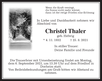 Traueranzeige von Christel Thaler von Wetterauer Zeitung