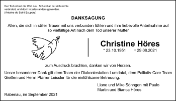 Traueranzeige von Christine Höres von Rabenauer Zeitung