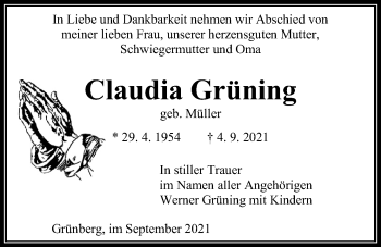 Traueranzeige von Claudia Grüning von Giessener Allgemeine, Alsfelder Allgemeine