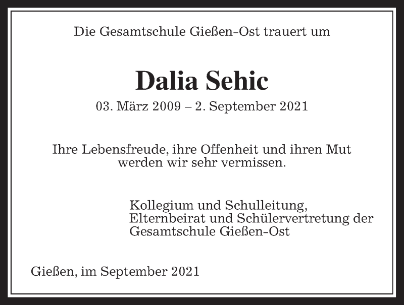  Traueranzeige für Dalia Sehic vom 11.09.2021 aus Giessener Allgemeine, Alsfelder Allgemeine