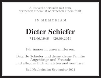 Traueranzeige von Dieter Schiefer von Wetterauer Zeitung