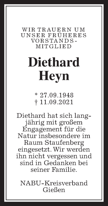 Traueranzeige von Diethard Heyn von Wetterauer Zeitung, Giessener Allgemeine, Alsfelder Allgemeine