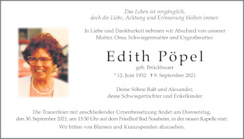 Traueranzeige von Edith Pöpel von Wetterauer Zeitung