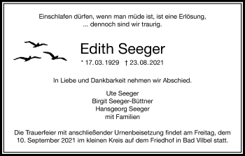 Traueranzeige von Edith Seeger von Bad Vilbel/Karben