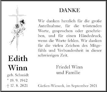 Traueranzeige von Edith Winn von Giessener Allgemeine, Alsfelder Allgemeine