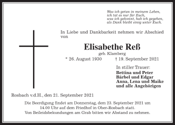 Traueranzeige von Elisabethe Reß von Wetterauer Zeitung