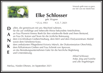 Traueranzeige von Elke Schlosser von Giessener Allgemeine, Alsfelder Allgemeine