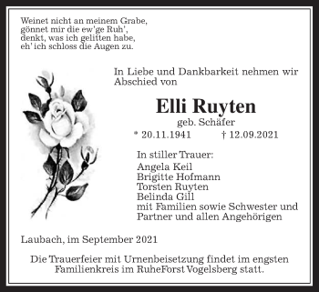 Traueranzeige von Elli Ruyten von Laubacher Anzeiger