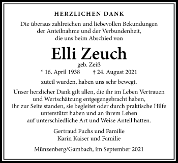 Traueranzeige von Elli Zeuch von Giessener Allgemeine, Alsfelder Allgemeine