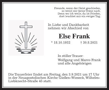 Traueranzeige von Else Frank von Wetterauer Zeitung, Giessener Allgemeine, Alsfelder Allgemeine