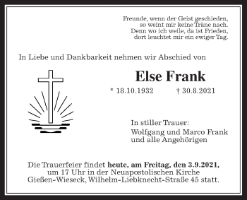 Traueranzeige von Else Frank von Giessener Allgemeine, Alsfelder Allgemeine