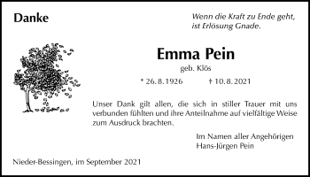 Traueranzeige von Emma Pein von Licher Wochenblatt