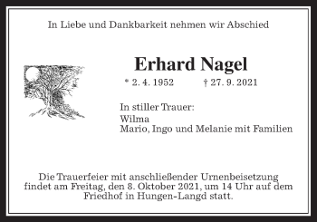 Traueranzeige von Erhard Nagel von Licher Wochenblatt