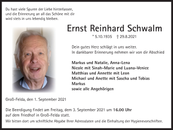 Traueranzeige von Ernst Reinhard Schwalm von Alsfelder Allgemeine