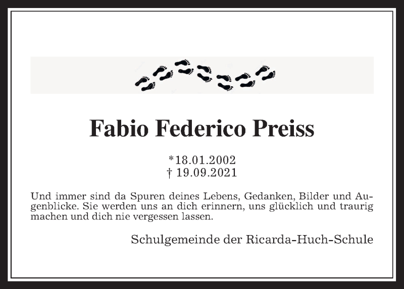  Traueranzeige für Fabio Federico Preiss vom 25.09.2021 aus Giessener Allgemeine, Alsfelder Allgemeine, Wetterauer Zeitung