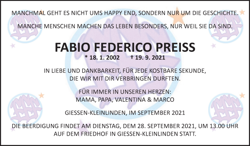  Traueranzeige für Fabio Federico Preiss vom 25.09.2021 aus Giessener Allgemeine, Alsfelder Allgemeine