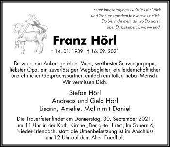 Traueranzeige von Franz Hörl von Bad Vilbel/Karben