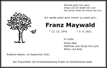 Traueranzeige von Franz Maywald von Giessener Allgemeine, Alsfelder Allgemeine