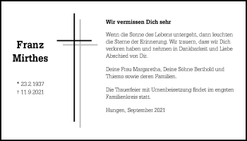 Traueranzeige von Franz Mirthes von Licher Wochenblatt