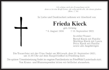Traueranzeige von Frieda Kieck von Wetterauer Zeitung