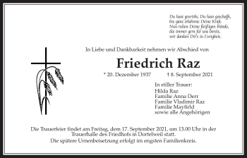 Traueranzeige von Friedrich Raz von Bad Vilbel/Karben